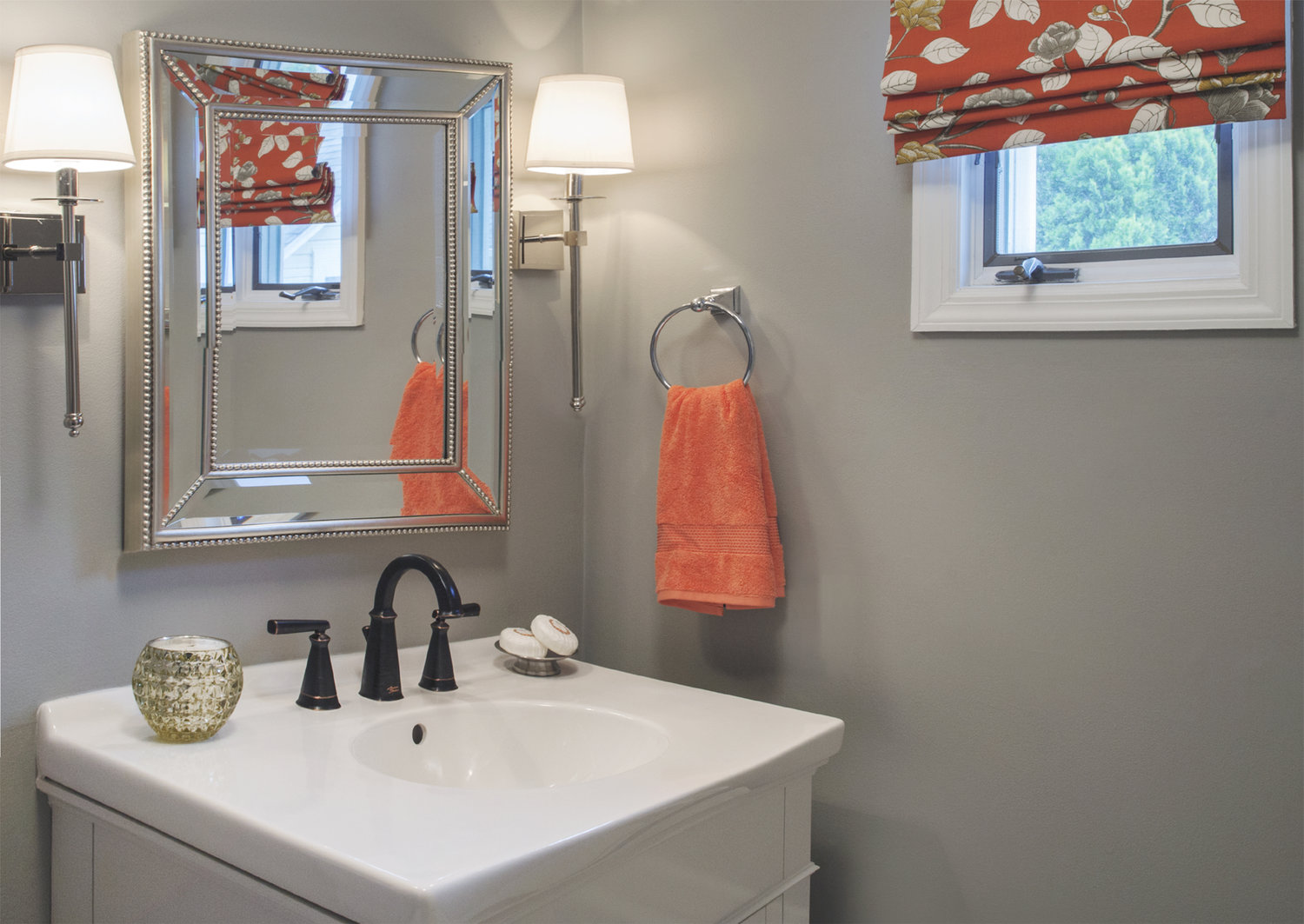 property brothers gray bathroom orange roman shade
