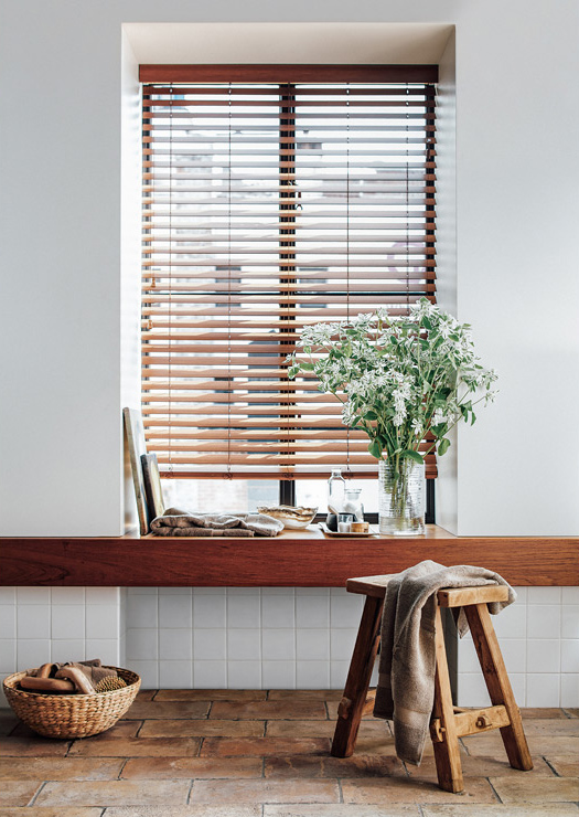 wood blinds with white decor