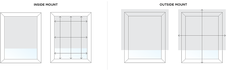 A graphic image shows arrows that tell you how to measure your windows for inside or outside mount reverse roll roller shades