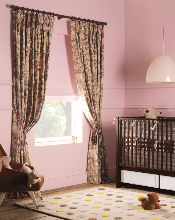 Floral Nursery curtains with pink Roman Shades by The Shade Store