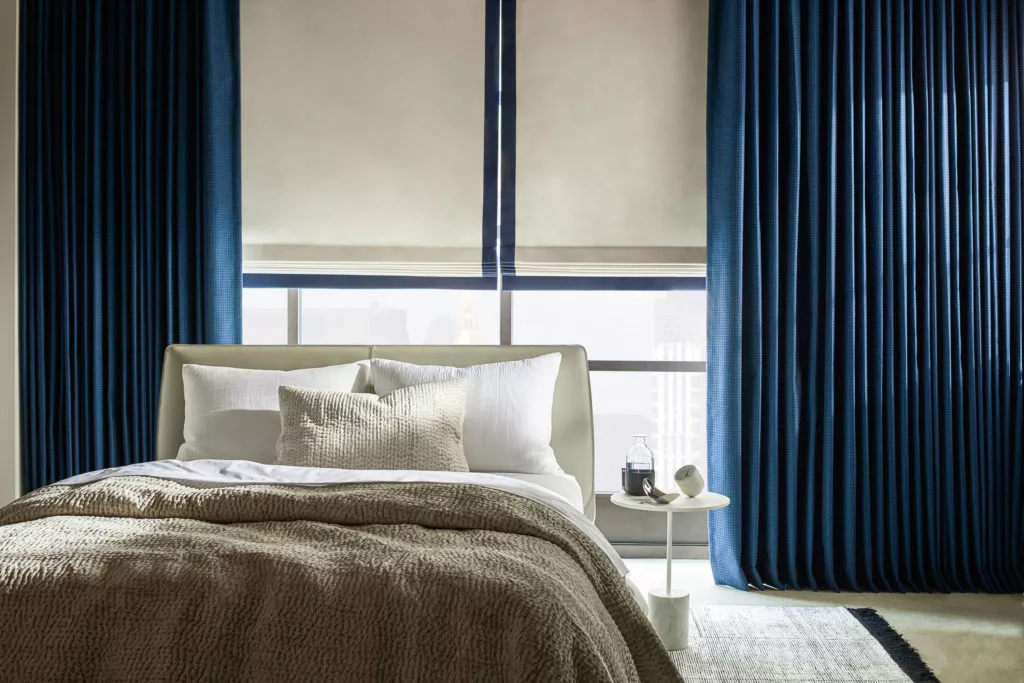 Pinch Pleat Drapery - Muestra - Indigo Flat Roman Shades - Velarte - Canvas - Decorative Border - Navy Lexington - Chrome