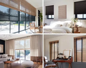 Four images featuring various window treatments in multiple areas