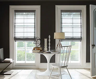 Black Roman Shades in the Aventura style feature a shoji screen design with Sheer Wool Blend material in Urban Grey