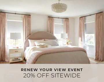Blackout Drapery & Roller Shades darken a pink and white bedroom with overlaid sales messaging for 20% off sitewide