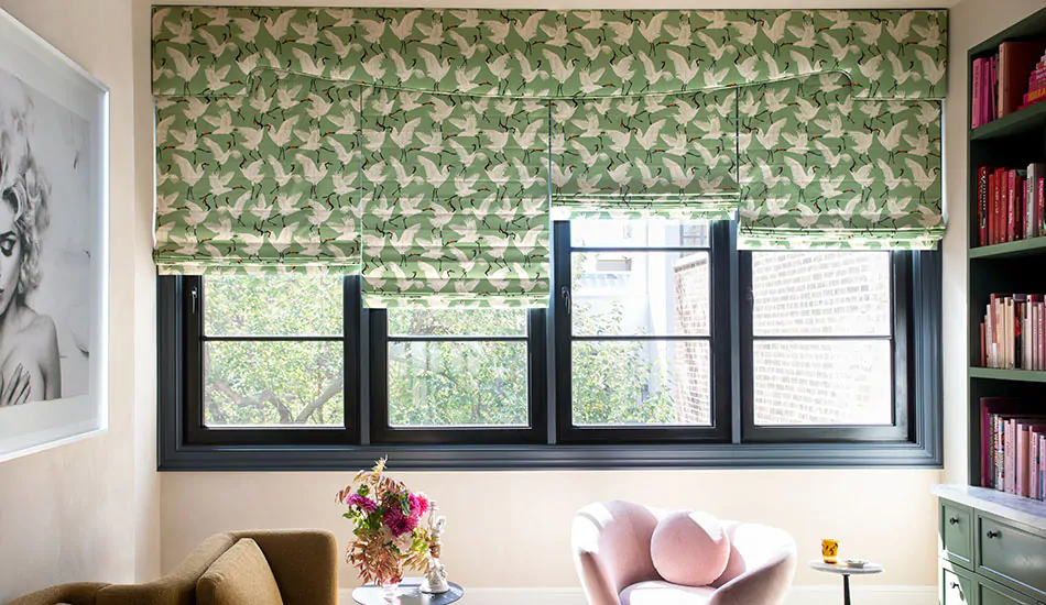 Window treatment trends 2023 include earthy colors like blues and greens like the greens in Family of Cranes in Waverly Green