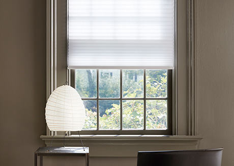 Pull down window shades in the Cellular Shade style made of single cell light filtering in Lace soften light in an office
