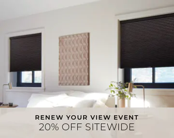 Blackout Cellular Shades in Midnight hang in a contemporary bedroom with overlaid sales messaging for 20% off sitewide