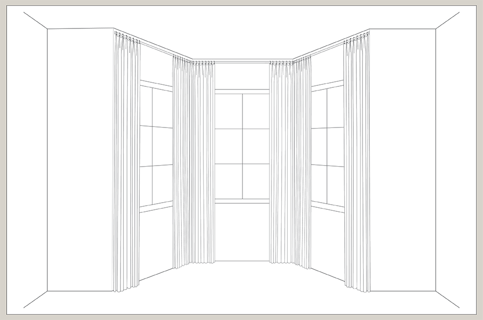 An illustration shows bay window curtains installed in between the angles of each window for a curated look