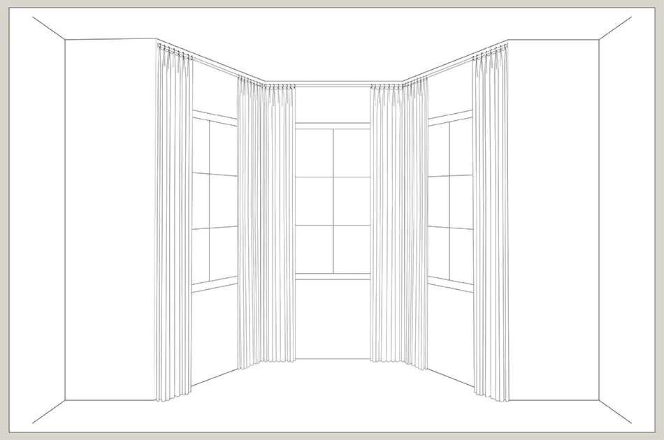 An illustration shows bay window curtains installed in between the angles of each window for a curated look