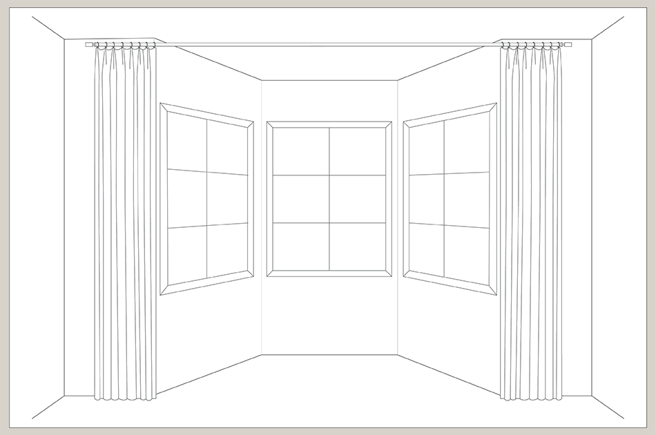 An illustration shows bay window curtains installed on the wall outside of the bay window so they cover the whole alcove