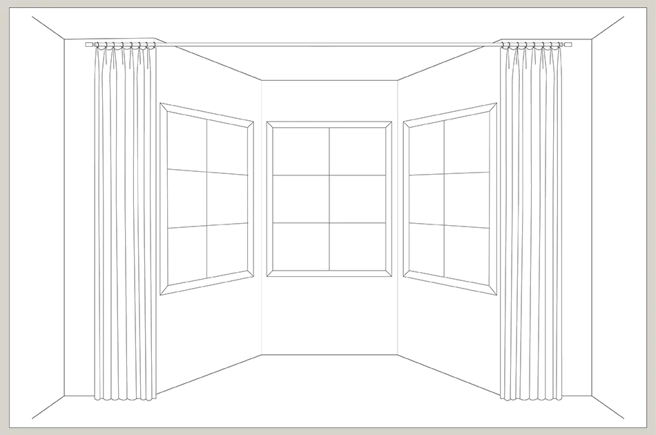 An illustration shows bay window curtains installed on the wall outside of the bay window so they cover the whole alcove