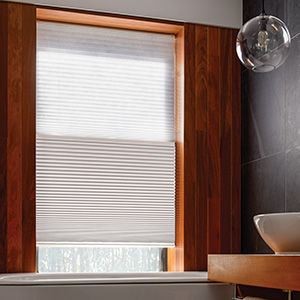 A Day/Night Cellular Shade made of 3-4 Single Cell Sheer in Frost and Blackout in White covers a window in a bathroom