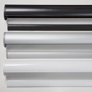 The valance and bottom bar options for Double Roller Shades show the color difference between black, silver and white