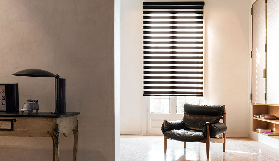 Zebra blinds made of Pacifica in Char offer a modern linear look to a minimalist European-style home with a leather chair
