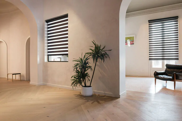 Two zebra blinds hang in a minimalist Mediterranean-style entryway to a home with a potted plant and a chair