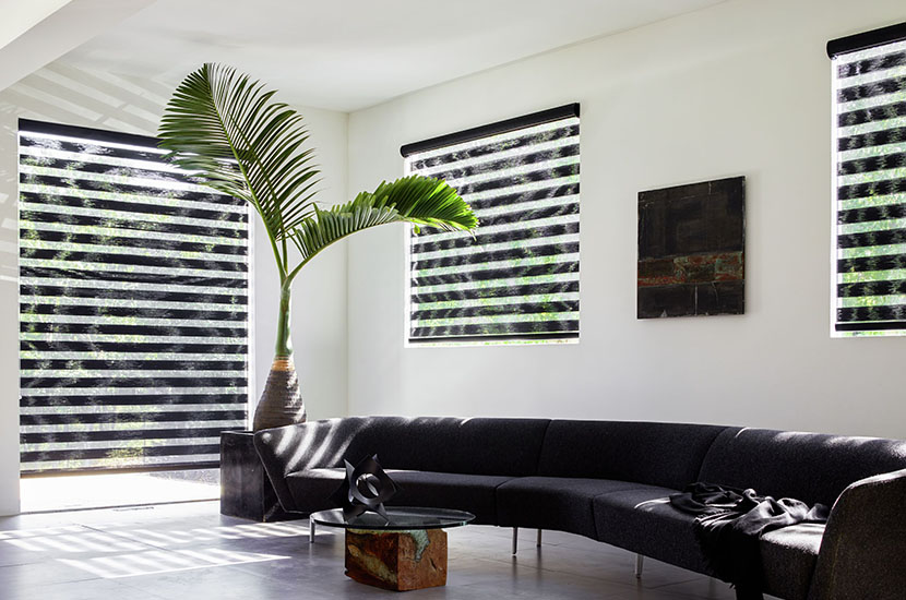 A bright living room with a modern black sofa has zebra blinds made of Windansea in Coal for an eye-catching look