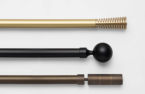 A product display of Madison hardware shows three colors: Gold, Bronze and Black, each with a different finial
