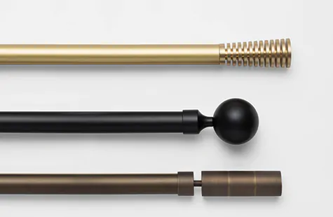 A product display of Madison hardware shows three colors: Gold, Bronze and Black, each with a different finial
