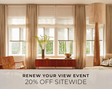 Layered shades & drapery add dimension to a living room with wood decor & overlaid sales messaging for 20% off sitewide