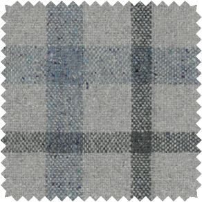 A close-up shot of a material swatch for plaid curtains in Aberdeen Iris that has a cool, yet inviting look and feel