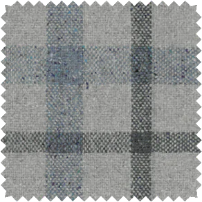 A close-up shot of a material swatch for plaid curtains in Aberdeen Iris that has a cool, yet inviting look and feel