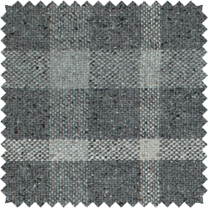 A close-up shot of a material swatch for plaid curtains in Aberdeen Pewter that has dark gray coloring