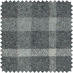 A close-up shot of a material swatch for plaid curtains in Aberdeen Pewter that has dark gray coloring