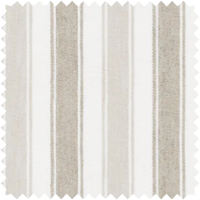 A swatch of Awning Stripe in Fawn shows the thick striped pattern and warm colors that make it ideal as nursery curtains