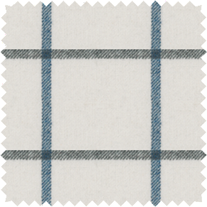 A close-up shot of a material swatch for plaid curtains in Highland Batik Blue that has deep blue on a creamy background
