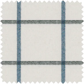 A close-up shot of a material swatch for plaid curtains in Highland Batik Blue that has deep blue on a creamy background