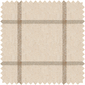 A close-up of a material swatch for plaid curtains in Highland Driftwood that has light brown stripes on a tan background