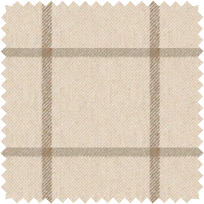 A close-up of a material swatch for plaid curtains in Highland Driftwood that has light brown stripes on a tan background