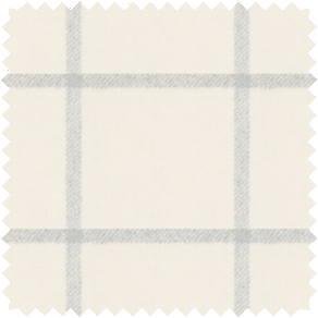 A close-up shot of a material swatch for plaid curtains in Highland Fog that has light grey stripes on a creamy background