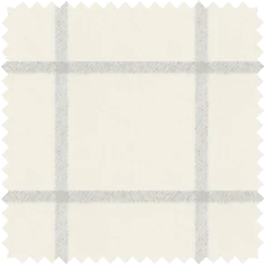 A close-up shot of a material swatch for plaid curtains in Highland Fog that has light grey stripes on a creamy background