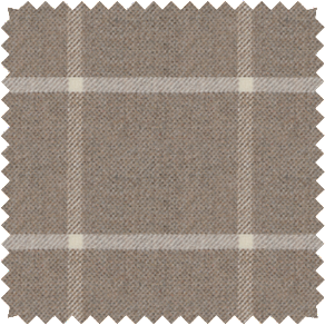 A close-up of a material swatch for plaid curtains in Highland Mica that has light tan stripes on an earthy brown background