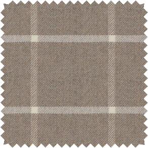 A close-up of a material swatch for plaid curtains in Highland Mica that has light tan stripes on an earthy brown background