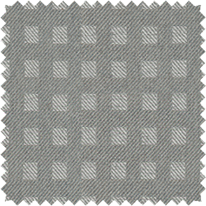 A close-up shot of a material swatch for plaid curtains in Osprey Check in Nickel, with a medium grey check design