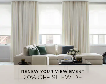 Energy Efficient Drapery & Solar Shades insulate a modern living room with overlaid sales messaging for 20% off sitewide