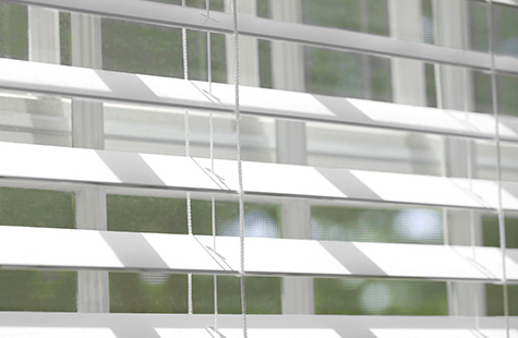 Types of blinds include 2-inch Faux Wood Blinds made of 2-inch Faux in Blanc which feature a matte white coloring