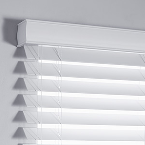 A product image of a beveled valance for Faux Wood Blinds adds a touch of sophistication to the blinds headrail