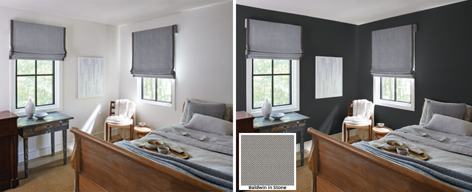 A bedroom with Flat Roman Shades made of Baldwin in Stone is shown before & after painting the walls with Cracked Pepper