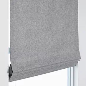 A product image of a Flat Roman Shade shows a modern style with crisp folds and flat face