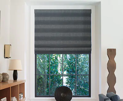 An example of Black Roman Shades in the Flat Roman Shade style has Victoria Hagan's Jasmine in Midnight with visual texture