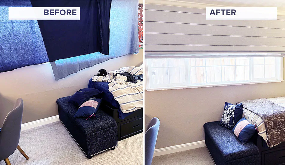 A before and after photo shows Nathan putting his window treatment tips to work with Flat Roman Shades on a bedroom window