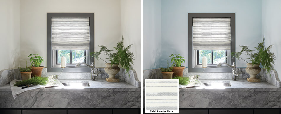 A laundry room with Flat Roman Shades made of Tidal Line in Slate is shown before & after painting the walls bright Upward