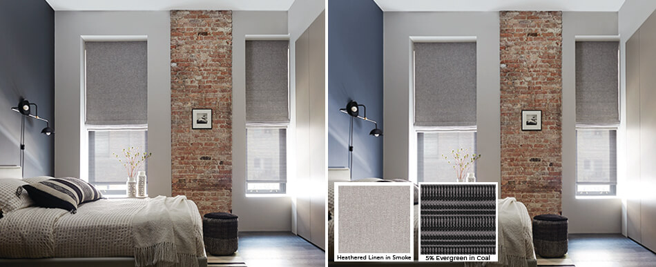 A bedroom with Flat Roman Shades in Heathered Linen is shown before & after painting an accent wall with Blue Nova
