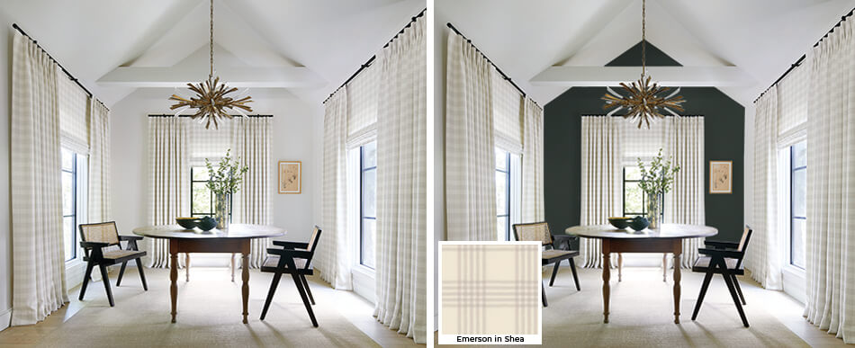 A dining room with Roman Shades & Drapery of Emerson, Shea, is shown before & after painting Cracked Pepper on an accent wall