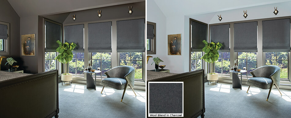 A bedroom with Flat Roman Shades made of Wool Blend in Charcoal is shown before & after painting the walls in bright Upward