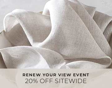 A swatch of Luxe Sheer Linen placed in a cream bowl on a white table top with overlaid sales messaging for 20% off sitewide