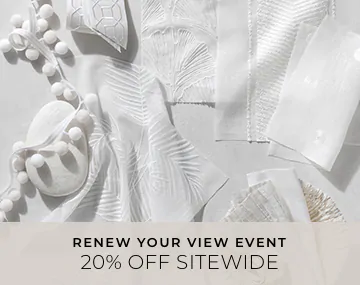White swatches and trim from The Shade Store placed on a white table top with overlaid sales messaging for 20% off sitewide